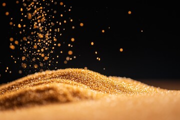 Poster - Golden sand particles falling and forming small dunes on brown surface.