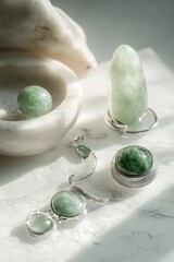 Aufkleber - Jade stones and jewelry arranged on a marble surface.