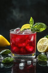 Poster - Red drink, ice, lemon, basil on dark.