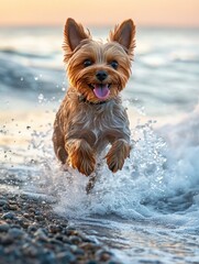 Poster - Small dog running at beach water with joy.