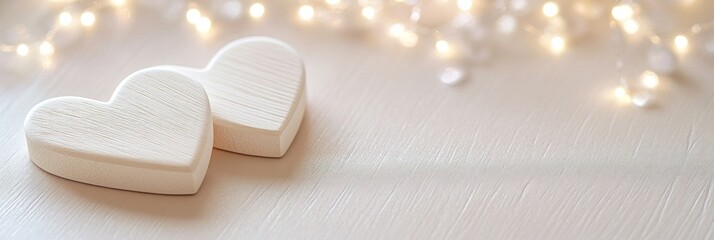 Poster - Two hearts on light surface with soft bokeh lights.