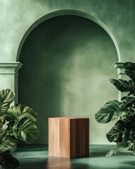 Aufkleber - Archway with wood cube and green plants.
