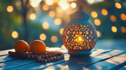 Aufkleber - Ornate lantern, oranges, and prayer beads on wooden table at golden hour.