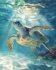 Aufkleber - Turtle swimming in clear water with sunlight.
