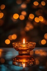 Aufkleber - Burning candle in glass bowl with blurred bokeh lights behind.
