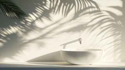 Poster - Sunlit sink with palm shadows on white wall.