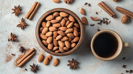 Aufkleber - Almonds, cinnamon, anise, and a cup of coffee arranged overhead.