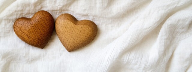 Aufkleber - Two wooden hearts on white textured fabric.