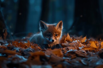 Poster - Fox kit resting on autumn leaves in forest with dark blurred background.