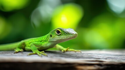 Poster - Green lizard on wood with green bokeh background.
