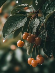 Poster - Cherries on branch with water droplets after rain.