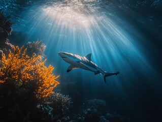 Poster - Shark swims under sun rays among corals.