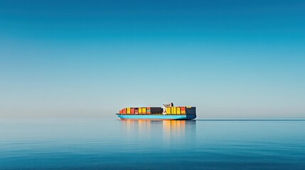 Cargo ship on calm sea, vast blue sky.