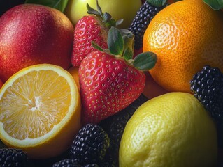 Poster - Assorted fruits apple, lemon, orange, strawberry, blackberry.