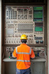 Poster - engineer monitoring industrial control panel ensuring electrical power and safety system integrity