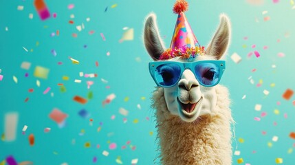 Poster - Cheerful llama with party hat and sunglasses amid confetti.