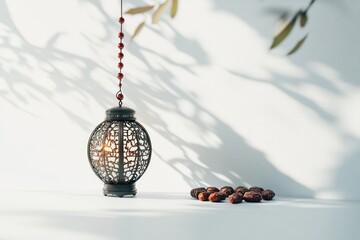 Aufkleber - Ornate lantern with dates, sunlight, and shadows on white backdrop.