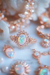 Aufkleber - Opals and rose gold jewelry on marble surface with soft focus.