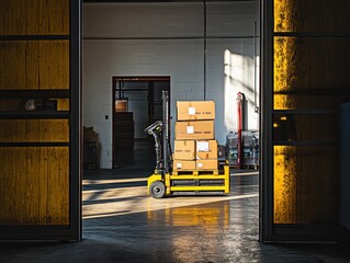 Poster - Forklift carrying stacked boxes within warehouse, open door.