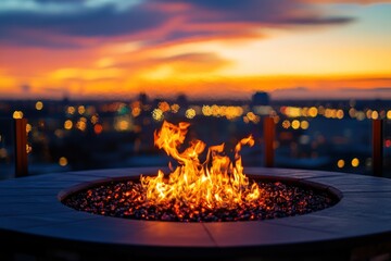 Poster - Glowing firepit, blurred city, sunset.