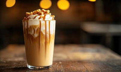 Poster - Iced caramel coffee topped with whipped cream and cookie crumbles on a wood table.