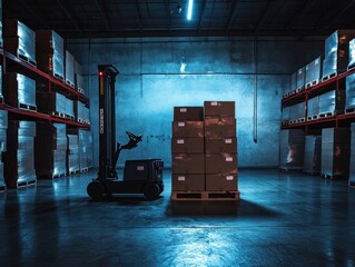 Poster - Forklift carrying boxes in warehouse.