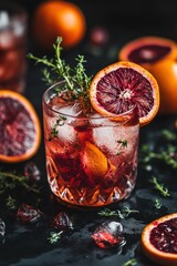 Poster - Blood orange cocktail with ice and thyme on dark surface.