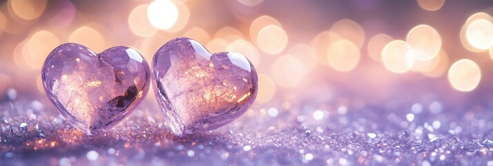 Poster - Two glass hearts on shiny surface with bokeh light.