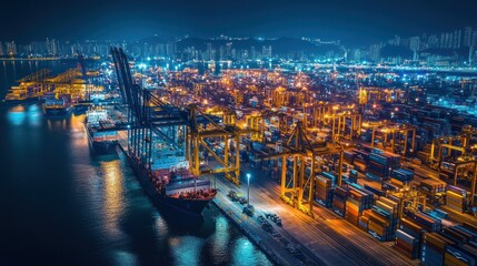Poster - Container ship dock, busy port at night.