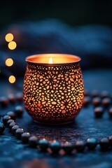 Fototapete - Lit decorative candle holder with string of beads in the dark.