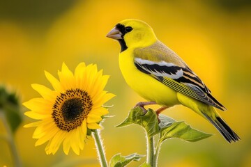 Aufkleber - Yellow bird with a black cap sits beside a sunflower.