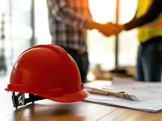 Poster - Red helmet, blueprints, and two workers shaking hands.