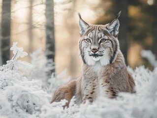 Poster - Eurasian lynx in forest, winter scene, frost.