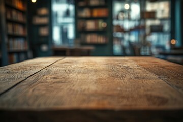 Poster - Wooden table foreground, blurry bookshelf background.