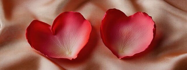 Poster - Two red heart-shaped rose petals on a soft satin background.