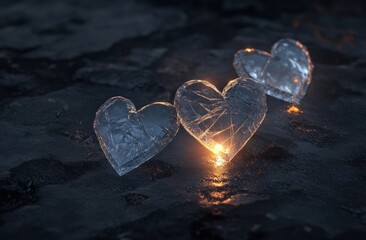 Poster - Three icy hearts on a dark, rough surface.