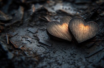 Poster - Two wooden hearts on textured, grunge background.