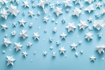 Poster - Paper stars scattered on light blue.