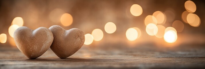 Aufkleber - Two heart shaped stones on wood with bokeh lights.