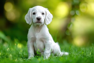 Poster - White puppy sits on grass, outdoors.