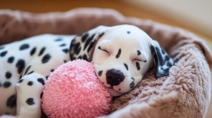 Poster - Dalmatian puppy sleeping in a bed with a pink toy.