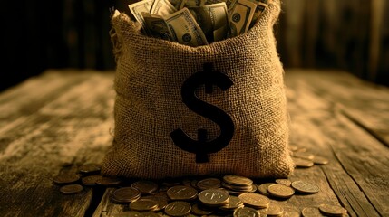 Poster - A burlap sack overflowing with cash and coins on a rustic wooden table, symbolizing wealth, prosperity, and financial success in a warm, inviting setting.