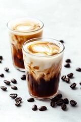 Poster - Two glasses of iced coffee with cream and scattered beans.