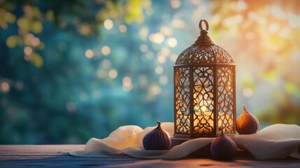Aufkleber - Ornate lantern with figs on cloth, blurred light.