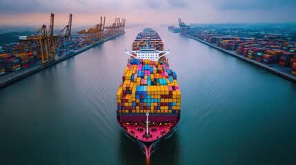 Poster - Container ship navigates a channel between ports.