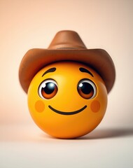 Wall Mural - This cheerful yellow emoji wears a stylish cowboy hat, showcasing a friendly expression that radiates happiness and positivity in an imaginative environment