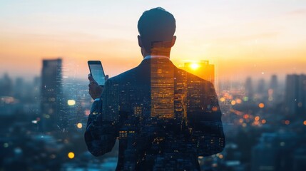 Poster - Businessman looking at phone with city double exposure at sunset.