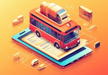 Aufkleber - Bus model atop phone, surrounded by city and bus shapes.