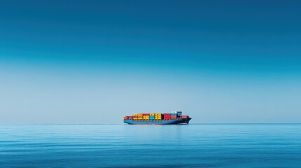Poster - Cargo ship with containers on open, calm blue sea.