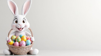 Wall Mural - Cute cartoon Easter bunny holding a basket of colorful eggs.